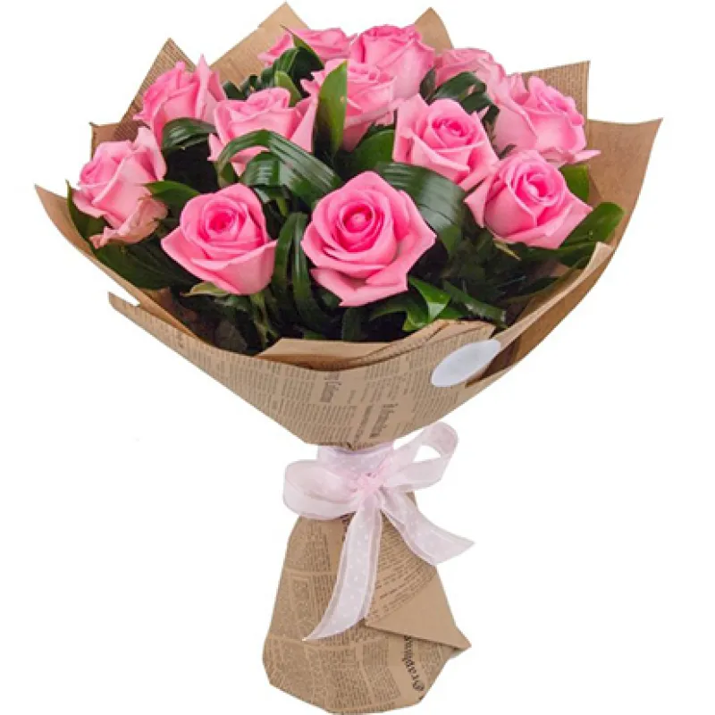 Букет из 15 розовых роз с зеленью, доставка Пугачев